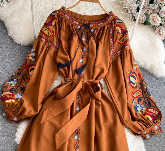 Retro ethnic style lantern sleeve embroidery round neck waist A-line cotton and linen elegant dress R0318