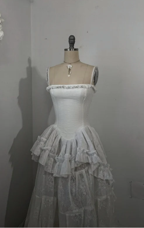 Retro Spaghetti Straps A-Line Lace Ruffles Vintage Wedding Dress Eveing Dress, D862