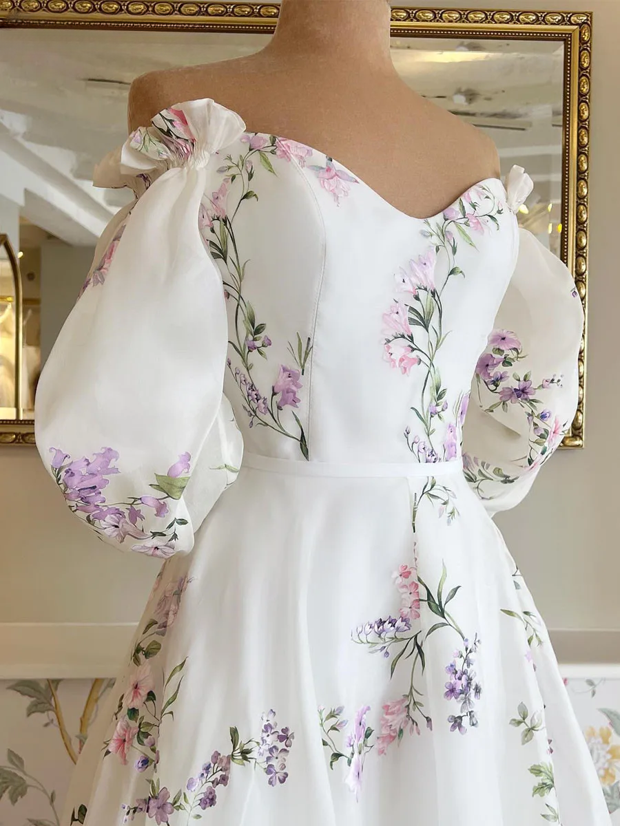 Women s Floral Print Wedding Dresses Off the Shoulder Bridal Gowns Beach Sweep Train Bridal Gown