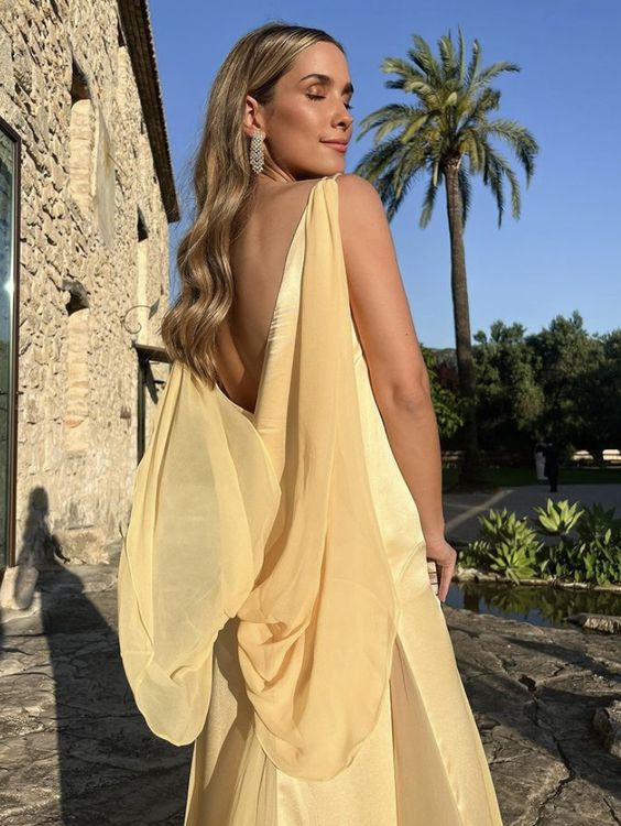 Yellow Satin Evening Dress for Formal Occasions, V-neck A-line Spaghetti Strap Floor Length Elegant Prom Dress fg5723