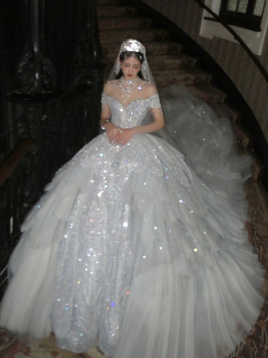 A Line Off Shoulder Long Wedding Dresses A Line Tulle Bridal Gown S6375