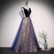 Navy Blue Sparkle Long Evening Dress with Velvet Bodice M908