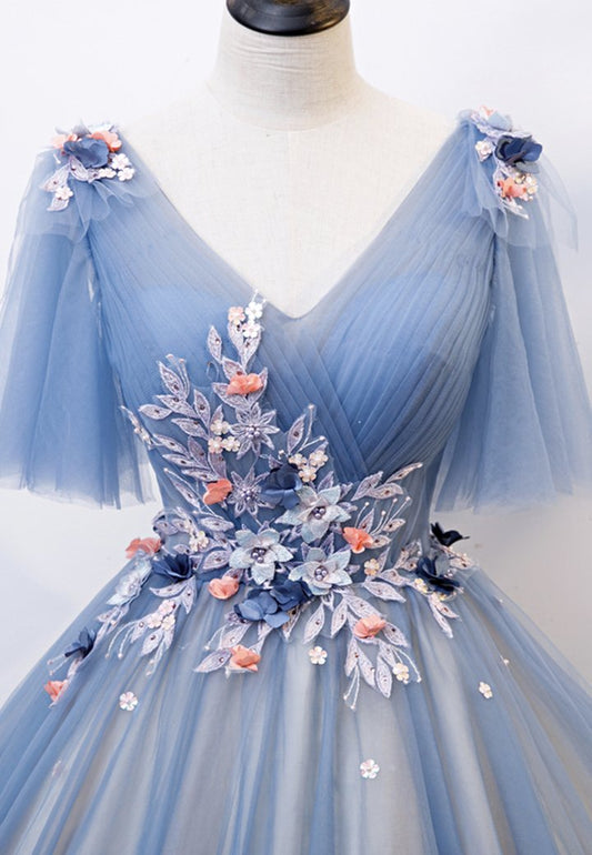 Blue tulle long ball gown dress A line evening dress M621