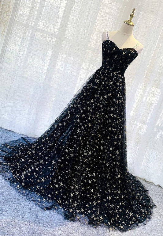 Black tulle long prom dress black evening dress M668