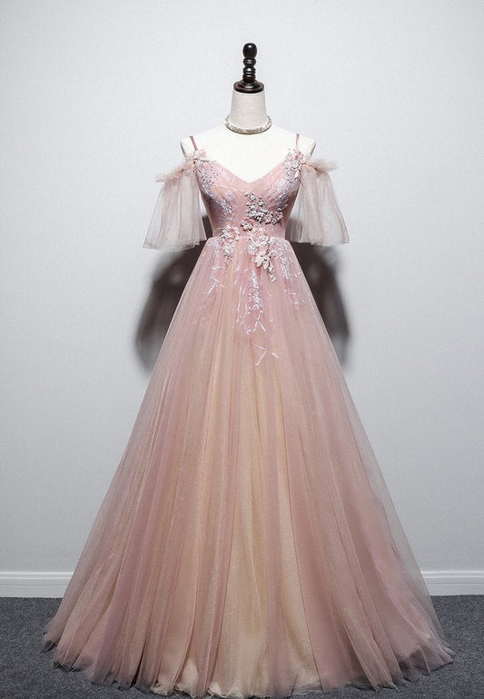 Pink v neck tulle long prom dress pink evening dress M603
