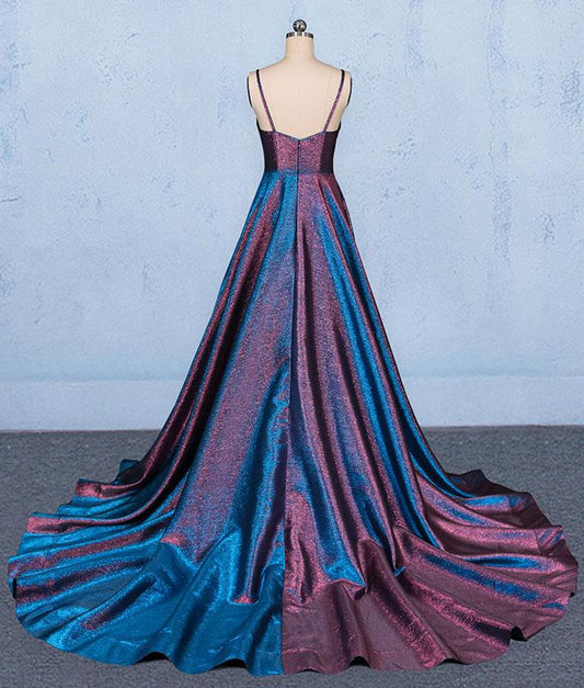 A Line V Neck Sleeveless Prom Dress, Spaghetti Straps Long Evening Dresses M1847