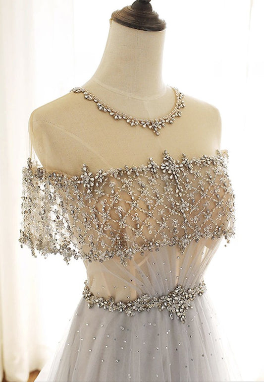 Gray tulle beads long prom dress evening dress M646