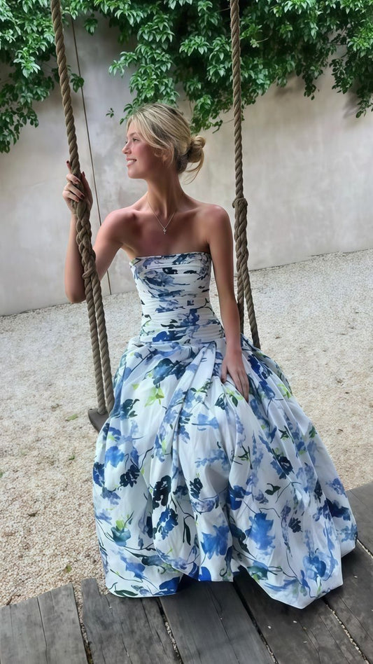 Elegant Wedding Guest Outfit Ball Gown Blue Floral Formal Night Dresses Summer Wedding Guest Dresses Graduation Dresses DP764