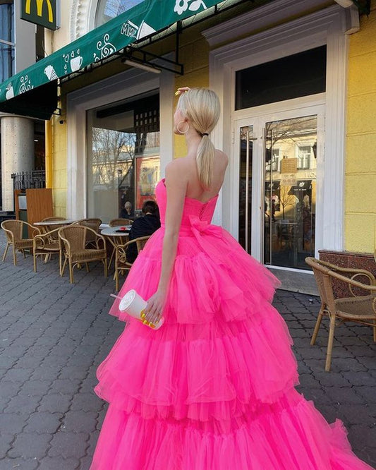 Hot Pink High Low Tulle Long Prom Dresses, Hot Pink High Low Formal Graduation Dresses fg3179