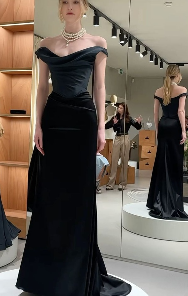 Black Off Shoulder Long Prom Dress Evening Party Dress S7076