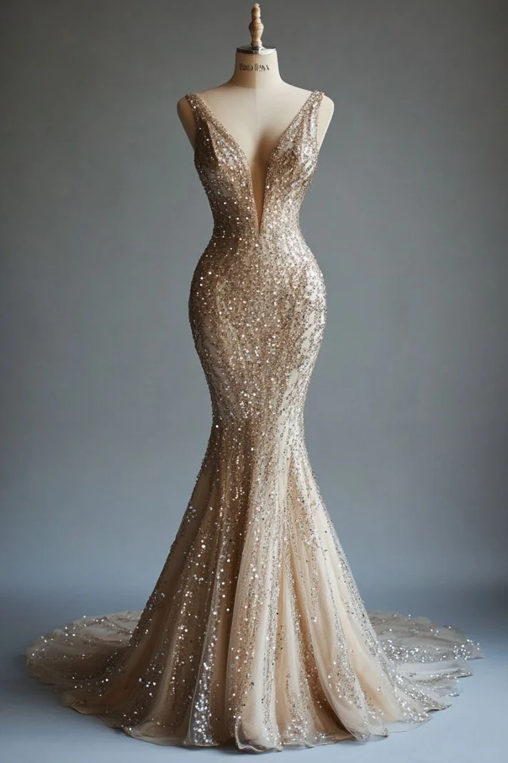Champagne Mermaid Deep V Neck Tulle Sequin Beaded Long Prom Dress Sexy Evening Dress fg8571
