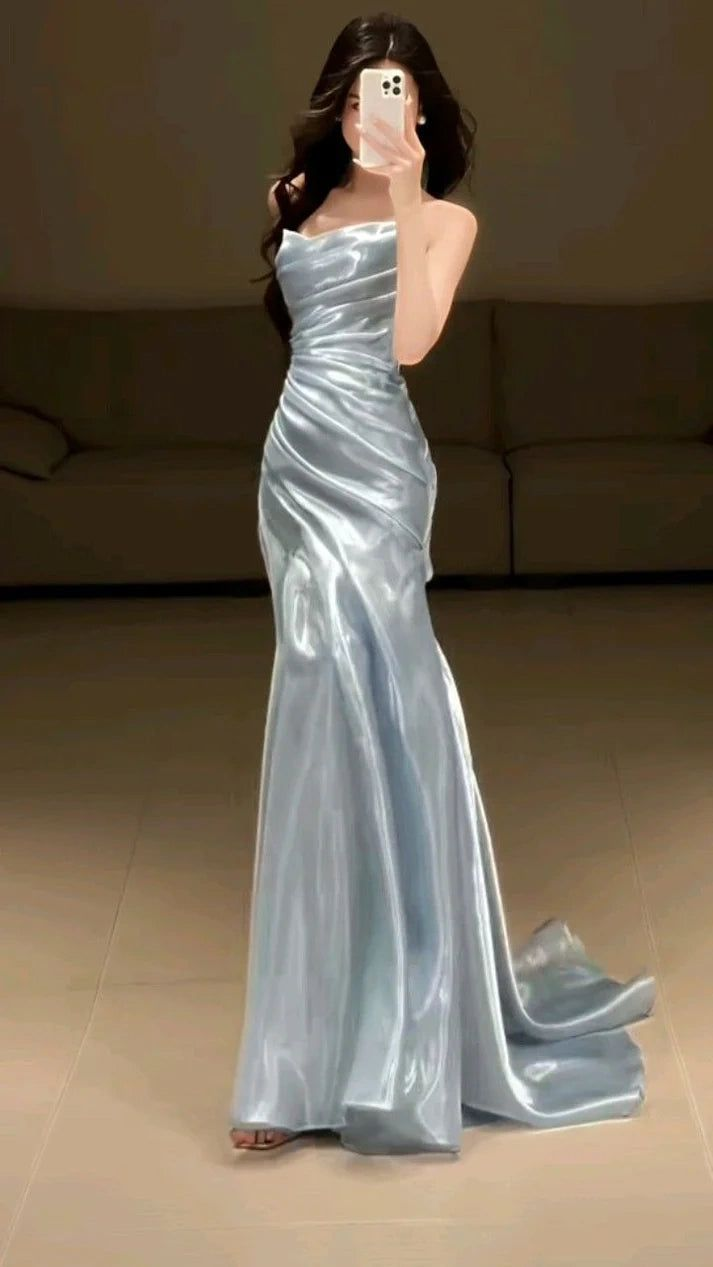 Pretty Strapless Satin Pleated Mermaid Evening Dress Party Dress Sky Blue Long Wedding Guest Dress D1893