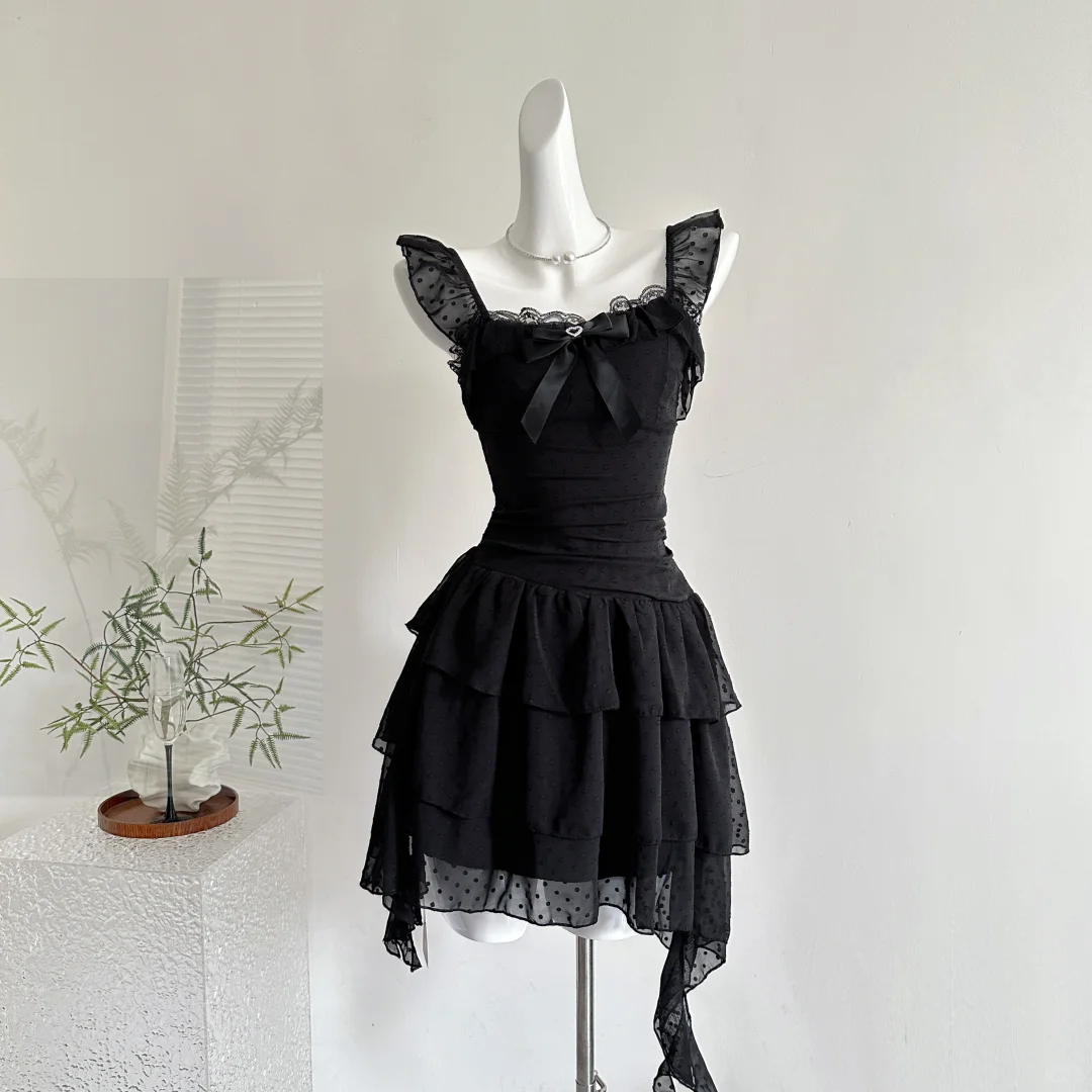 Cute A Line Chiffon Black Short Vacation Dresses Women Dresses S697