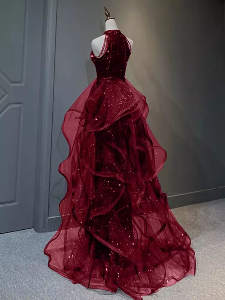 Sparkly Sheath Burgundy Sequin Long Prom Dress Party Dresses S6754