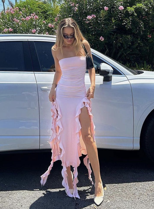 Pink Strapless Ruffle Evening Dress Women Sexy Bodycon Party Dress S6699