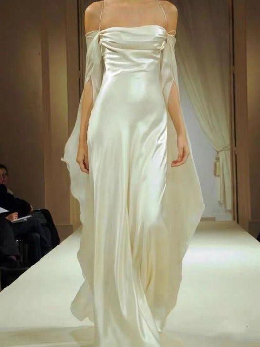 Vintage Long Sleeves Satin Backless Wedding Dresses Evening Dresses S6717