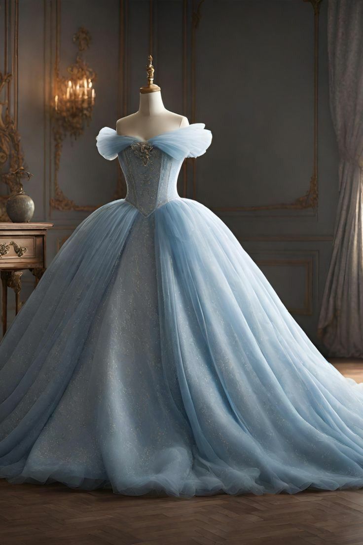 Modest Ball Gown Off The Shoulder Tulle Long Light Sky Blue Sweet 16 Dress S6733