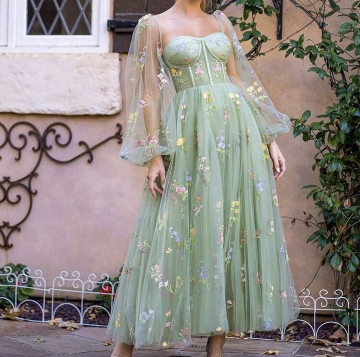Green Embroidered Lace Prom Dress, Long Green Prom Dress S6707