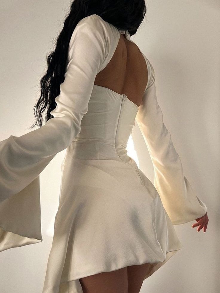 White Long Sleeves Satin Homecoming Dress Cute Birthday Outfits S6764