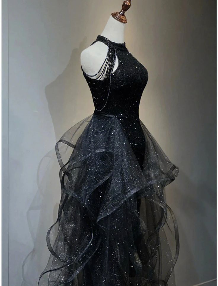Black Halter Sequins and Tulle Long Party Dress, A-line Black Prom Dress S6753