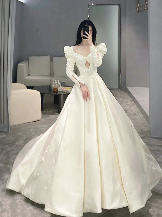 A Line Long Sleeves Satin Wedding Dresses Long Bridal Gowns S6655