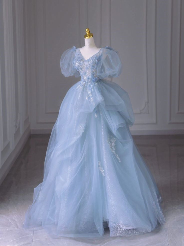 A-Line Blue Tulle Elegant Long Party Dress Evening Dress S6647