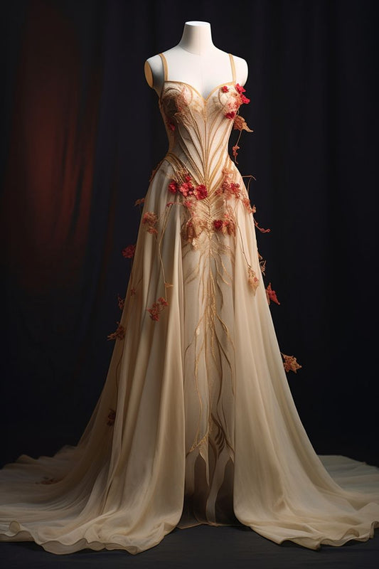 A Line Champagne Tulle Party Prom Dresses Long Evening Dress S6621