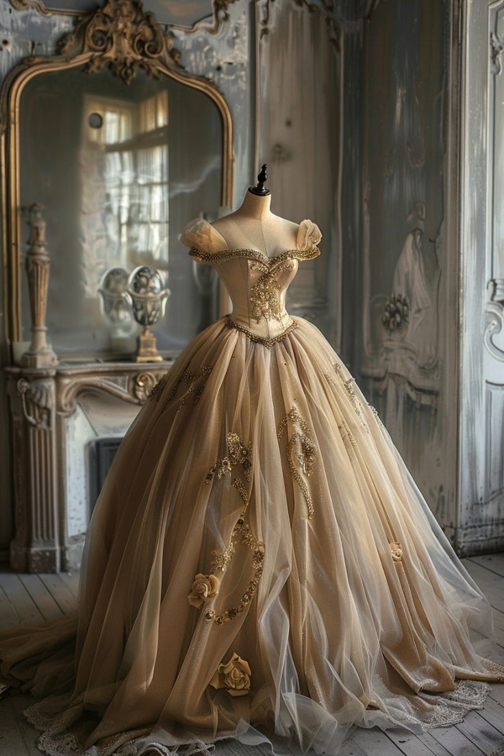 A Line Off Shoulder Champagne Tulle Ball Gown Long Party Dress Evening Dresses S6720