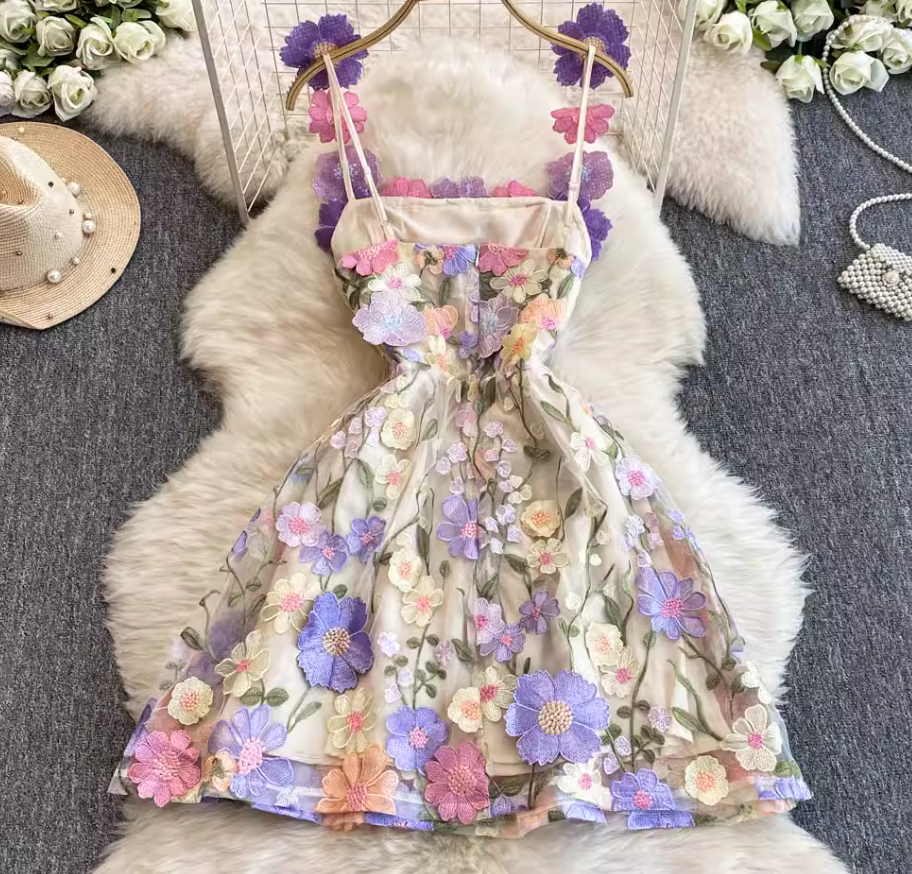 French mesh three-dimensional flower embroidery perspective waist dress suspenders dress short skirt R0323