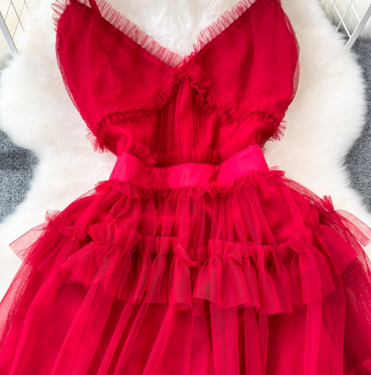 V-neck backless suspender dress waist a-line irregular mesh cake dress holiday long dress R0344