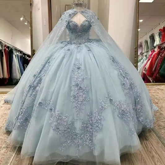Sparkly Light Blue Quinceanera Dress Cape Flower Lace Vestidos de 15 Anos Birthday Party Princess Ball Gown