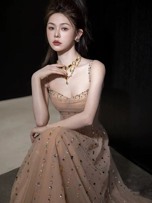 A Line Champagne Long Prom Dress Sexy Evening Dresses fg7663