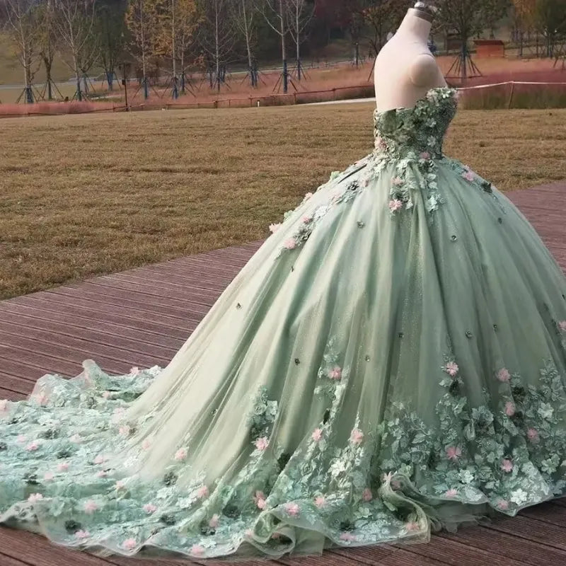 Sage Green Quinceanera Dress Off Shoulder Applique Lace Beaded Tulle Ball Gown for Sweet 16 & 15