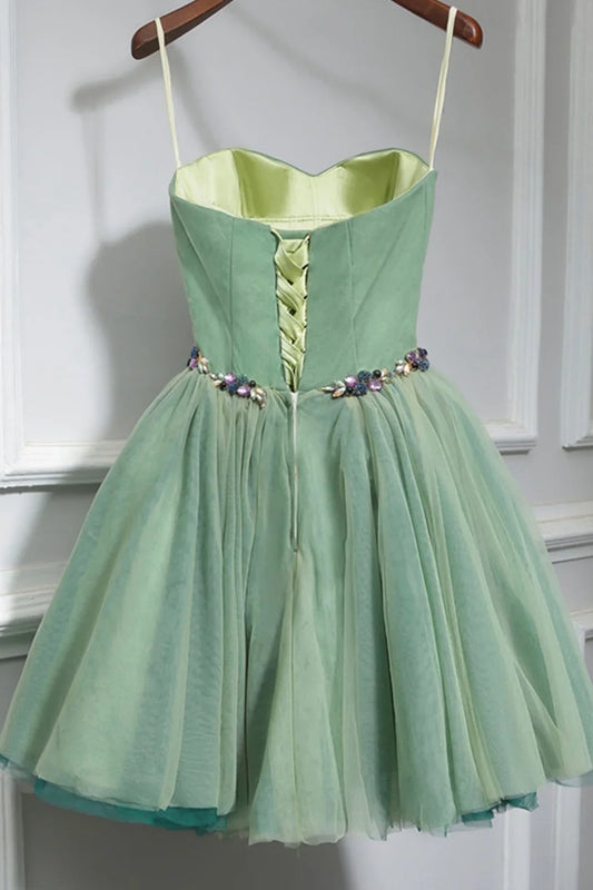 Pretty Homecoming Dress Spaghetti Straps Tulle Rinestone Short Prom Dress Back to School Outfits Party Dress D6095