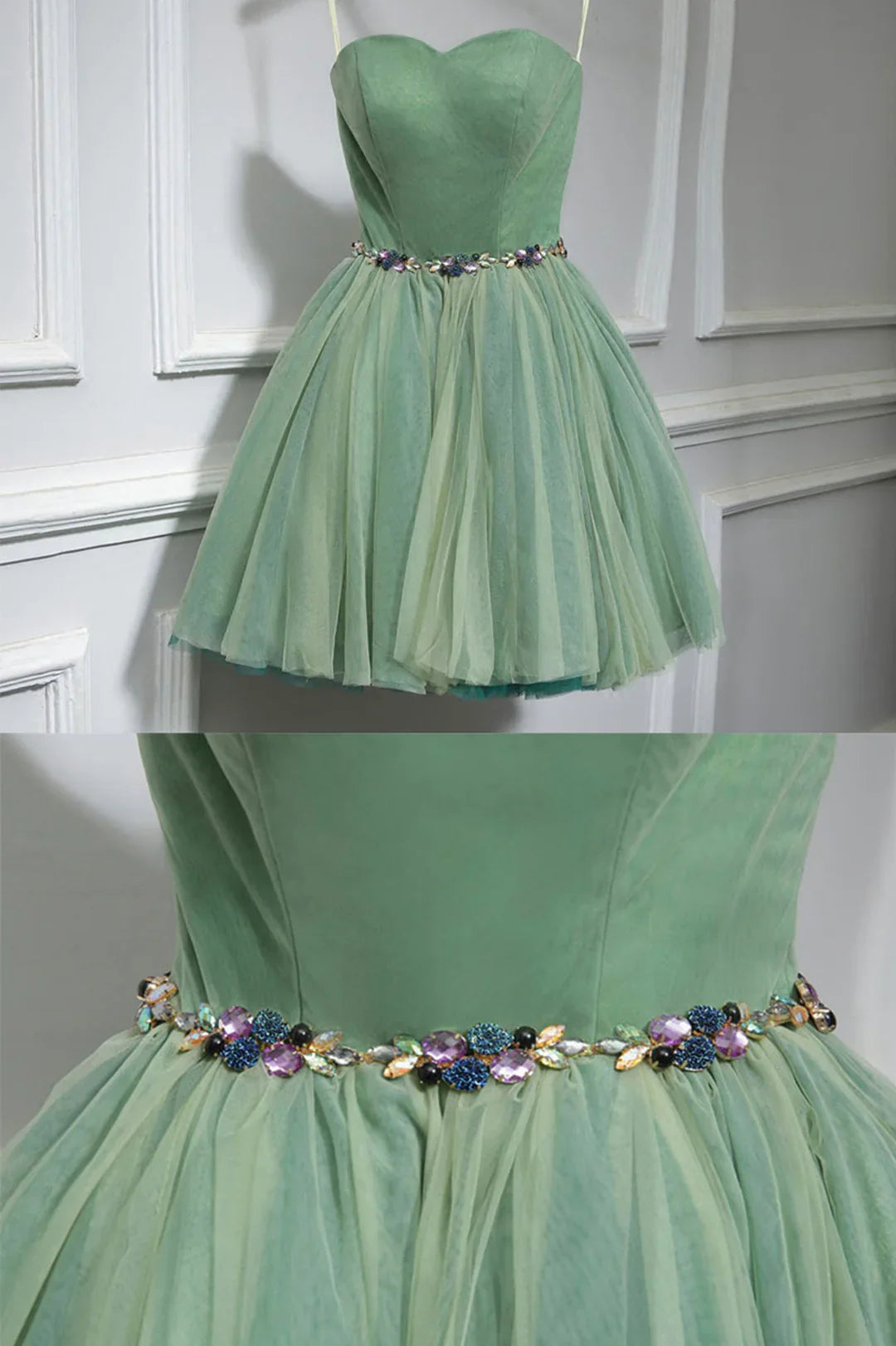 Pretty Homecoming Dress Spaghetti Straps Tulle Rinestone Short Prom Dress Back to School Outfits Party Dress D6095