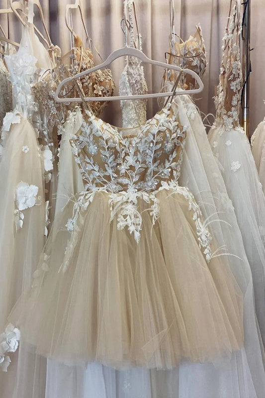Charming Homecoming Dress Spaghetti Straps Lace Applique Prom Dress Back to School Outfits Party Dress D6108