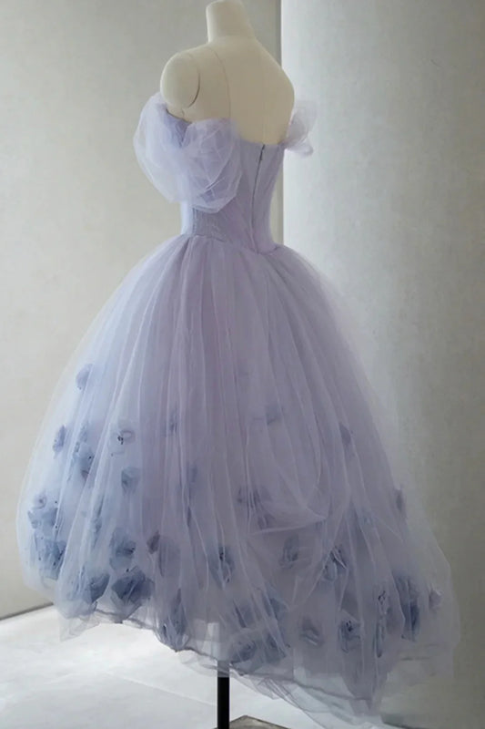 Elegant Homecoming Dress Off the Shoulder Tulle Flowers Prom Dress Back to School Outfits Party Dress D6112