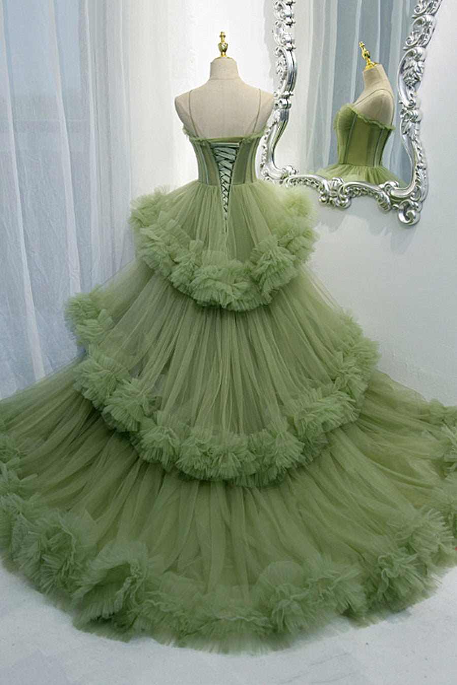 Spaghetti Straps Green Tulle Layers Long Sweet 16 Dress, Green Evening Prom Dress