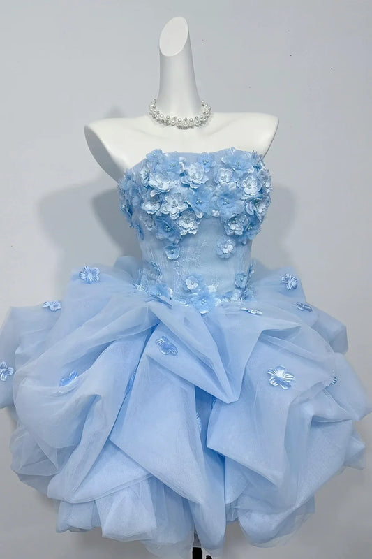 Charming Homecoming Dress Strapless Flower Pleated Short Prom Dress Back to School Outfits Party Dress D6010