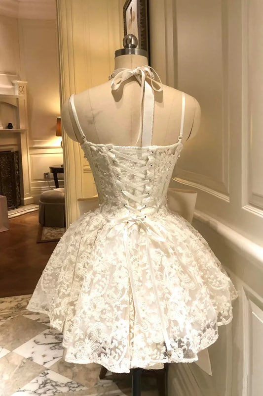 Chic Homecoming Dress Spaghetti Straps Lace Bowknot Beaded Applique Short Prom Dress Back to School Outfits Party Dress D6032