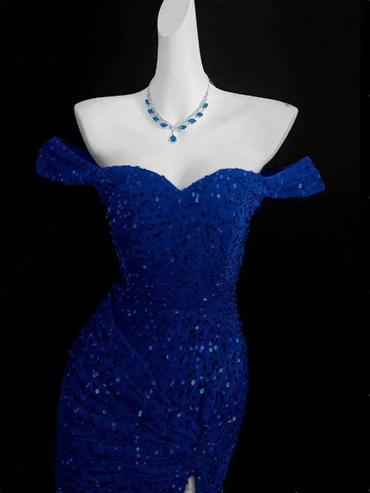 Blue Mermaid Sequins Sweetheart Prom Dress, Blue Off Shoulder Party Dress