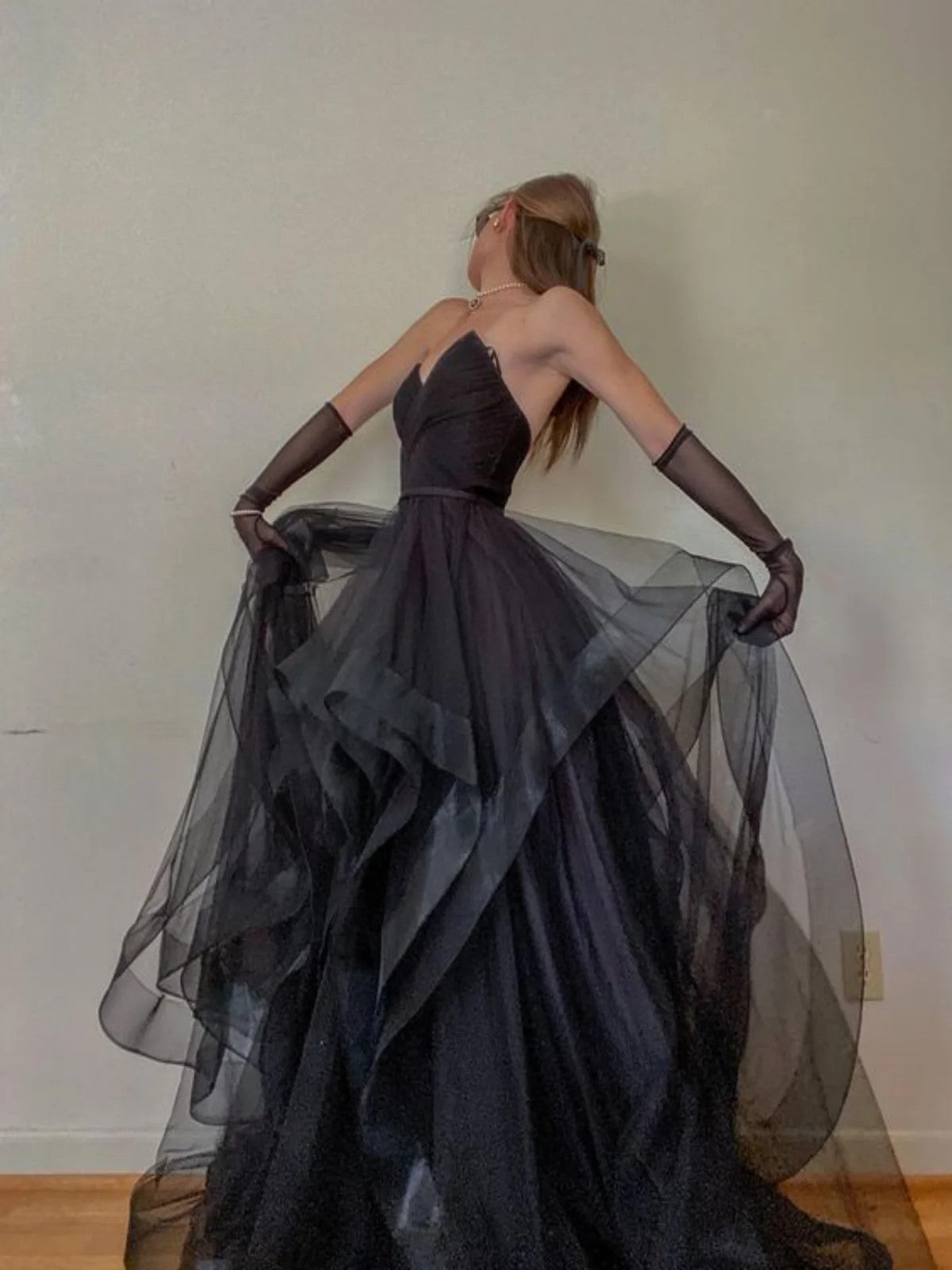 Lovely Black Tulle Strapless Sweetheart A-line Prom Dress, Black Tulle Long Party Dress