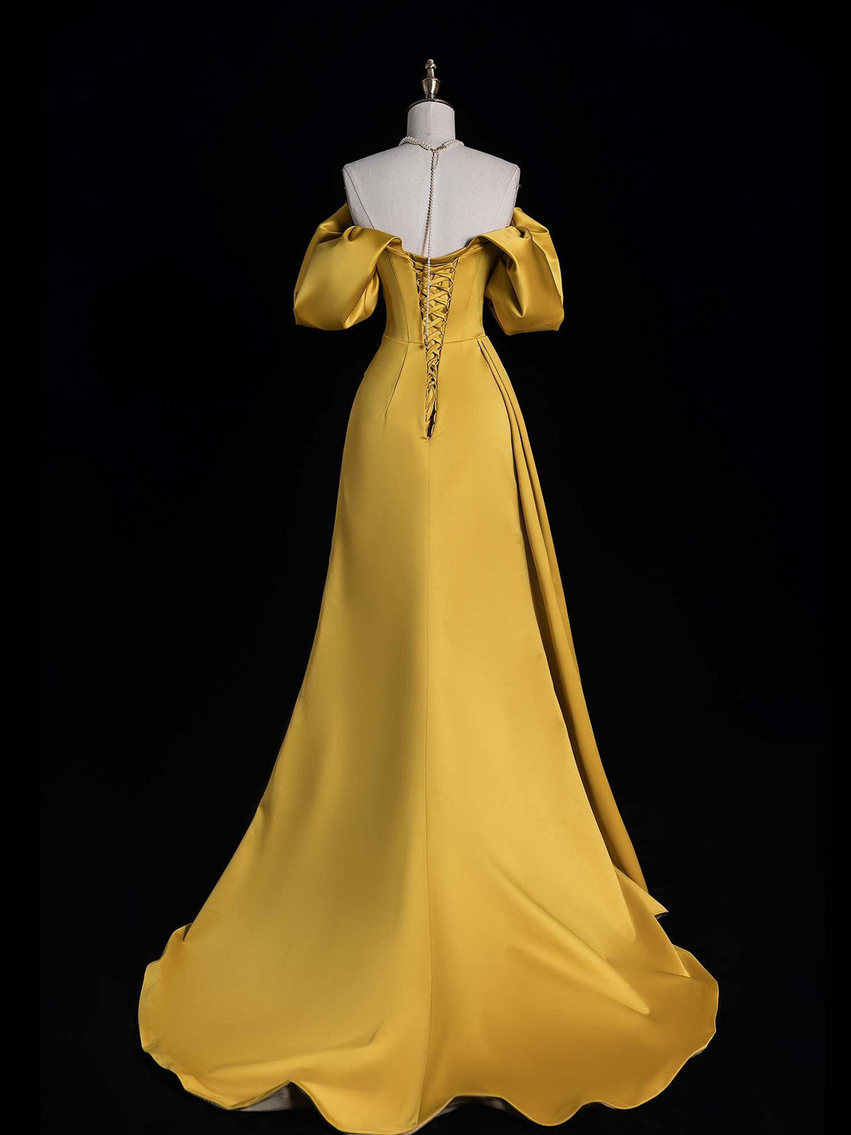 Gold Satin Off Shoulder A-line Party Dress Prom Dress, Gold Satin Party Dress