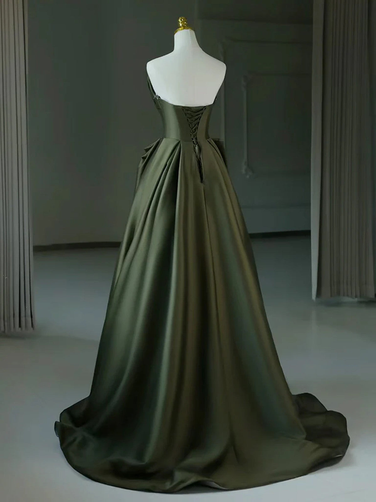 Dark Green V-neckline Satin Long Prom Dress, Dark Green Party Dress