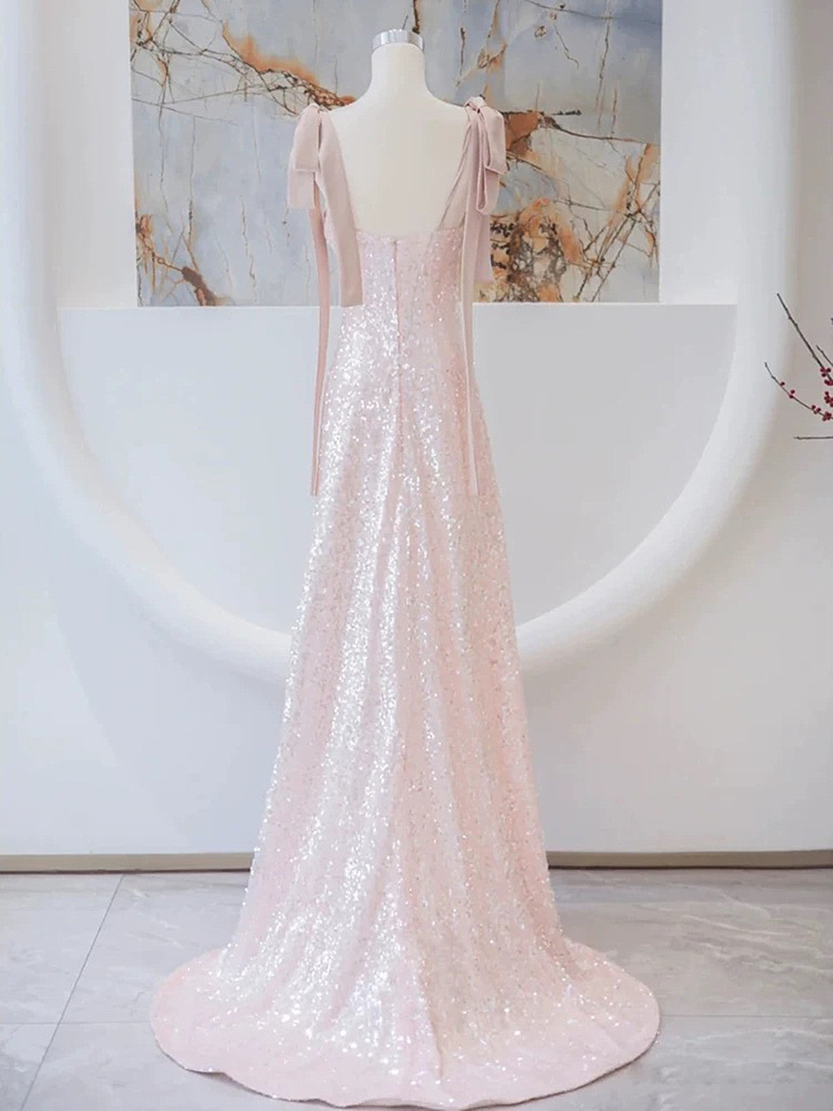 A-line Sequins Pink Straps Long Formal Dress, Simple Pink Evening Dress Prom Dress