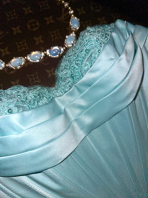 Light blue strapless, fitted waist, tiered skirt, long ball gown R6894