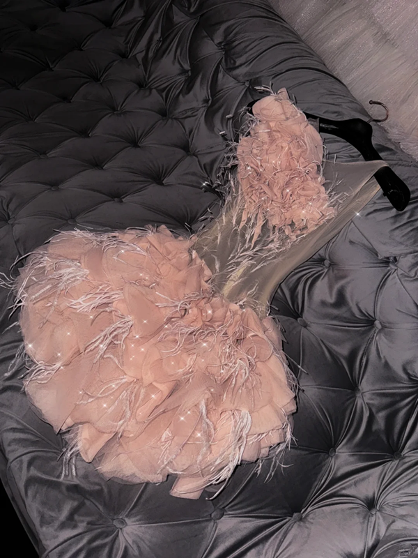 Light pink sleeveless fitted waist short ball gown with floral skirt R8801