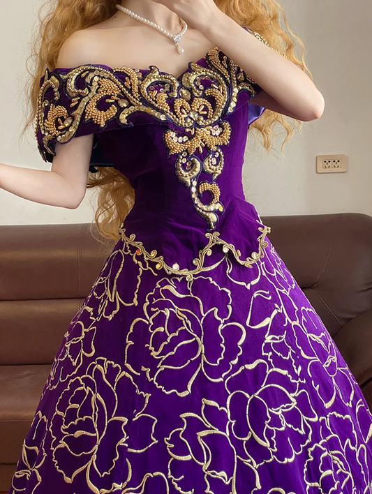 Purple Off-the-shoulder Exquisite Pattern Elegant Long Ball Gown & Bridal Gown R7376