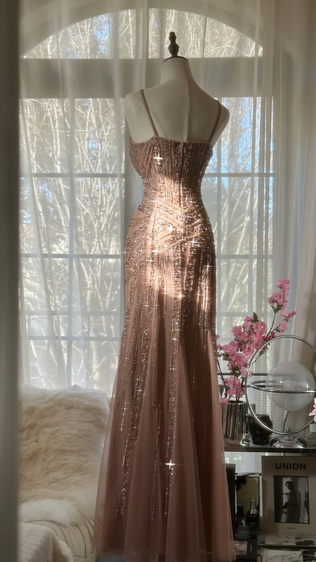 Champagne pink halter-neck fitted bodycon sexy long ball gown R7690