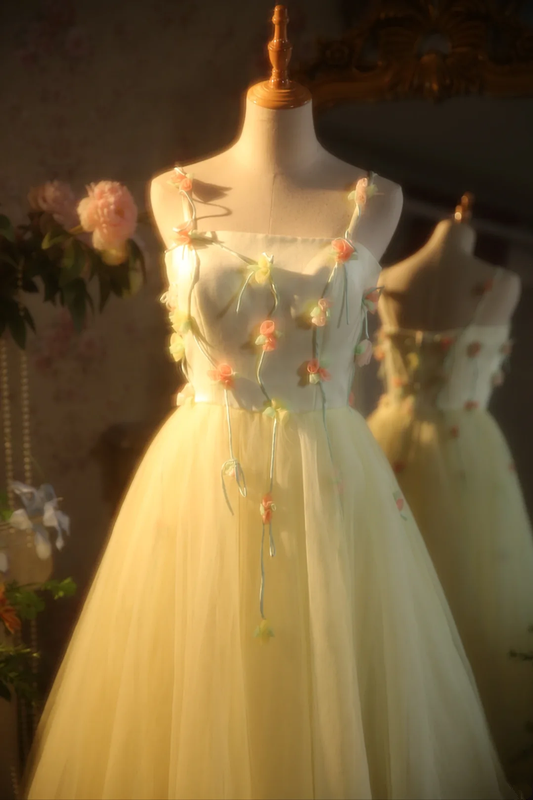 Light yellow halter-neck fitted floral fairy long dress, ball gown, bridal gown R7267